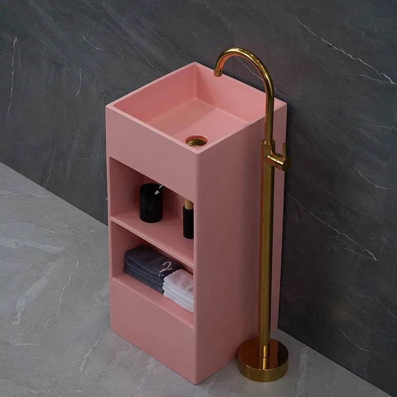 Luxury Sanitary Ware Pink Bathroom Sink Freestanding Artificial Pedestal Hand Wash Basin